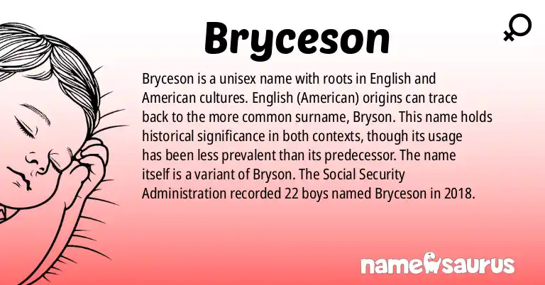 Infographic about Bryceson name meaning, Bryceson is a name from English, English (American) origin(s).