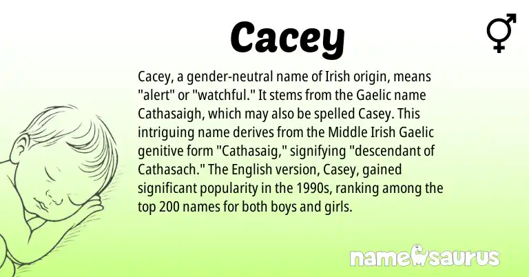 Infographic about Cacey name meaning, Cacey is a name from Irish, English, Gaelic origin(s).