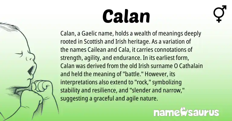 Infographic about Calan name meaning, Calan is a name from Irish, Gaelic, Scottish origin(s).