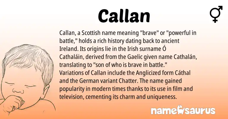 Infographic about Callan name meaning, Callan is a name from Irish, Ireland, Gaelic, German, Scottish origin(s).