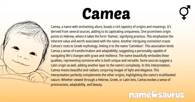 Infographic about Camea name meaning, Camea is a name from Welsh, Greek, Hebrew origin(s).