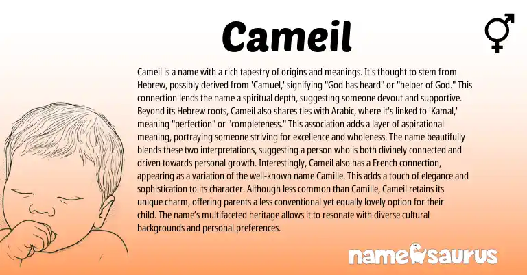 Infographic about Cameil name meaning, Cameil is a name from Hebrew, Arabic origin(s).