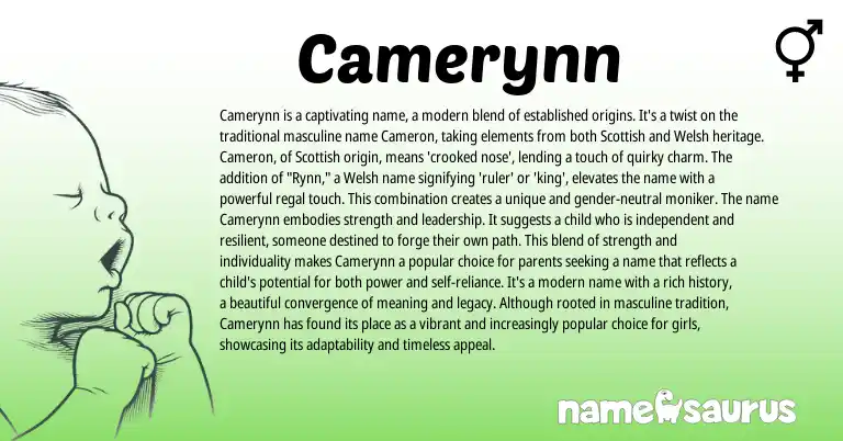 Infographic about Camerynn name meaning, Camerynn is a name from Scottish, Welsh origin(s).