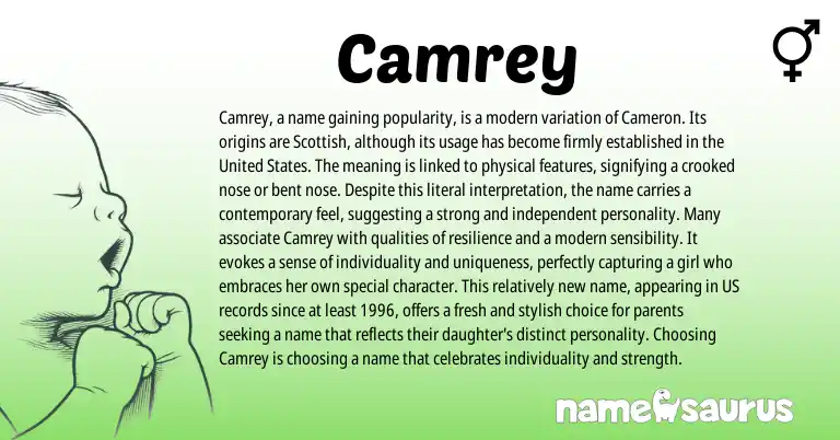 Infographic about Camrey name meaning, Camrey is a name from Scottish, American origin(s).