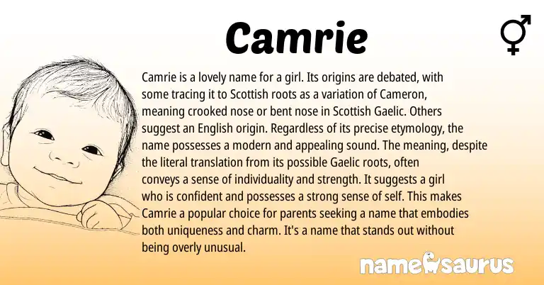 Infographic about Camrie name meaning, Camrie is a name from Scottish, Gaelic, American origin(s).