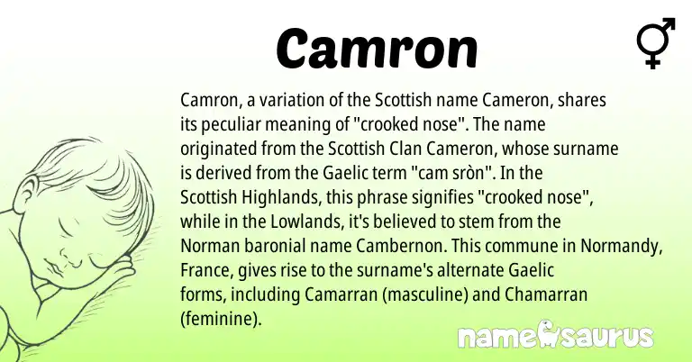 Infographic about Camron name meaning, Camron is a name from Gaelic, Norman, Scottish origin(s).