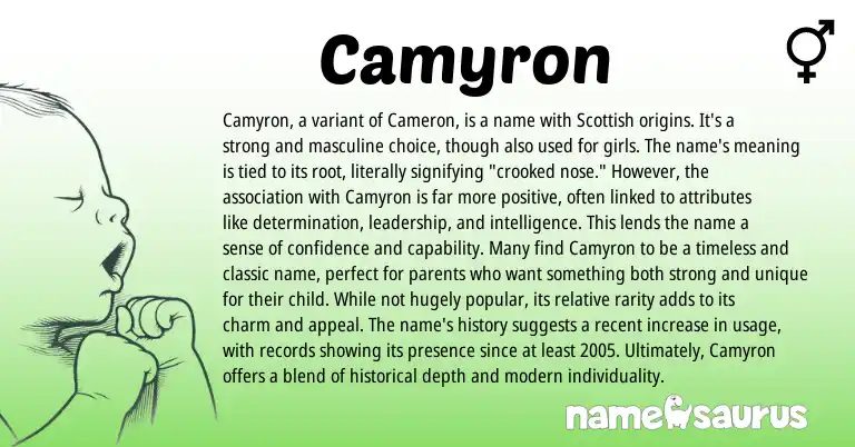 Infographic about Camyron name meaning, Camyron is a name from Irish, Scottish origin(s).