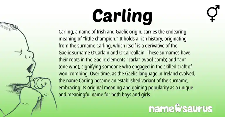Infographic about Carling name meaning, Carling is a name from Irish, Gaelic, Ireland origin(s).
