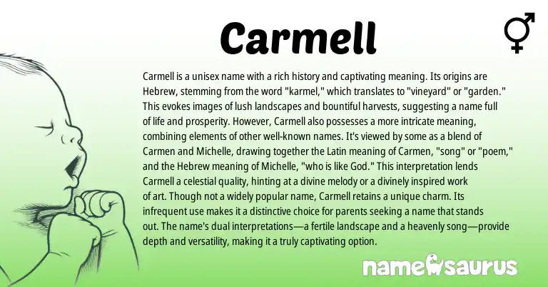 Infographic about Carmell name meaning, Carmell is a name from Latin, Hebrew origin(s).