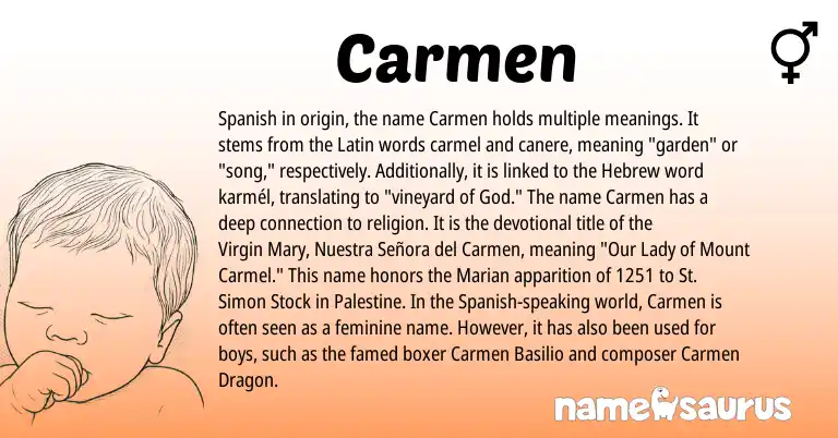 Infographic about Carmen name meaning, Carmen is a name from Spanish, Palestine, Latin, Hebrew origin(s).