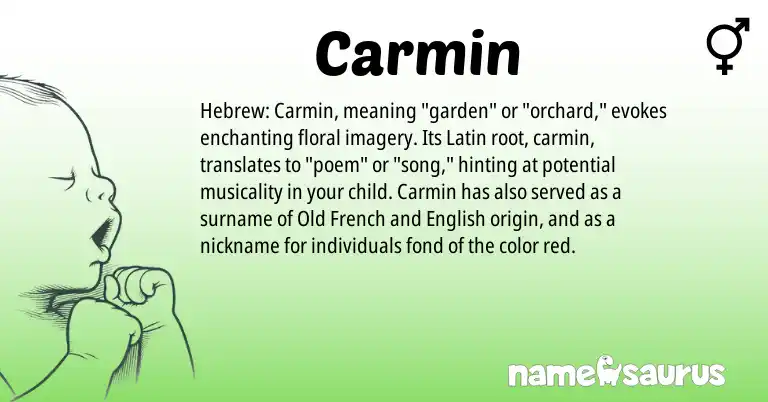 Infographic about Carmin name meaning, Carmin is a name from English, Old French, Latin, Hebrew origin(s).