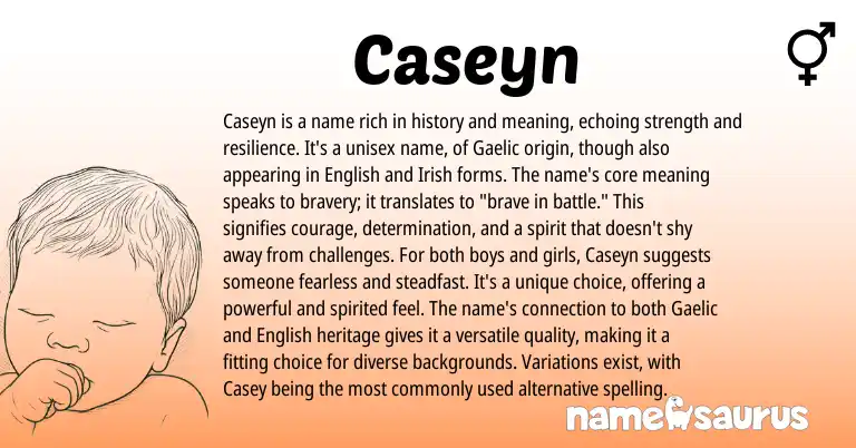 Infographic about Caseyn name meaning, Caseyn is a name from Gaelic origin(s).