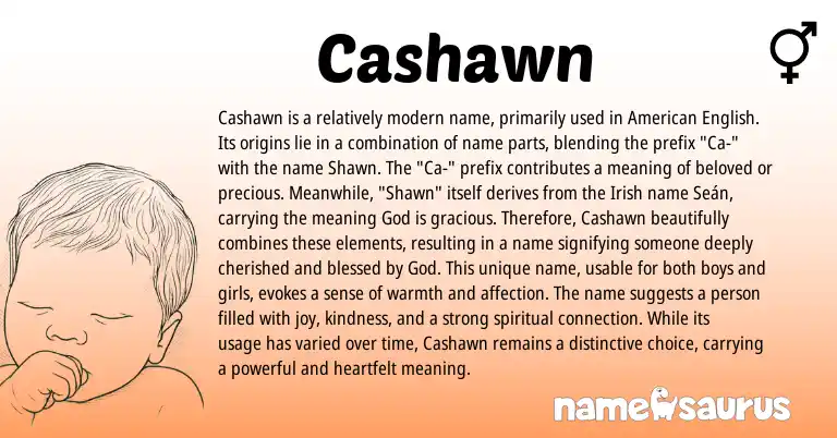 Infographic about Cashawn name meaning, Cashawn is a name from Irish, American origin(s).