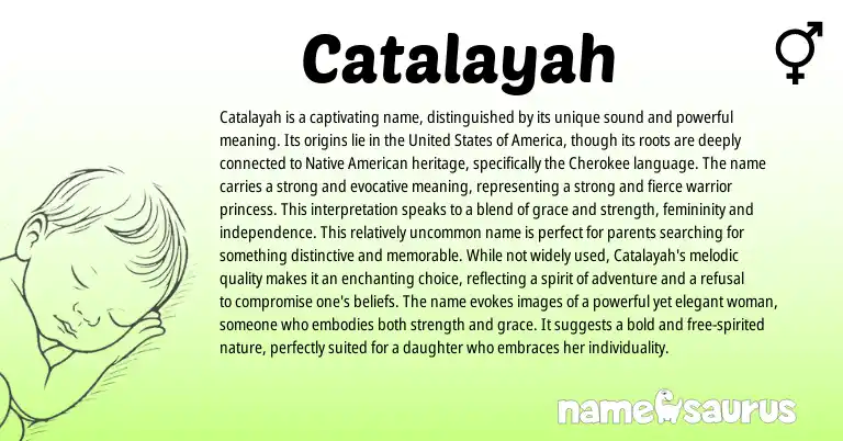 Infographic about Catalayah name meaning, Catalayah is a name from American, Cherokee origin(s).