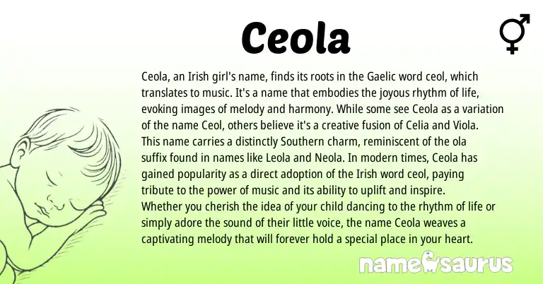 Infographic about Ceola name meaning, Ceola is a name from Irish, Gaelic origin(s).
