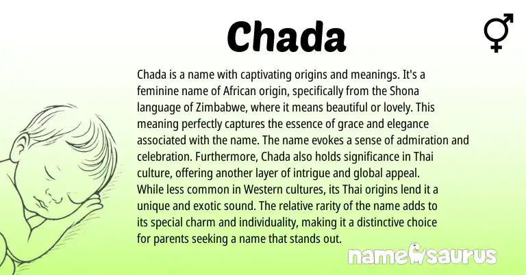 Infographic about Chada name meaning, Chada is a name from African, Shona origin(s).