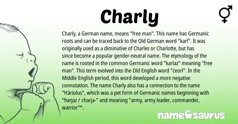 Infographic about Charly name meaning, Charly is a name from Old English, Germanic, Middle English, Old German, German origin(s).