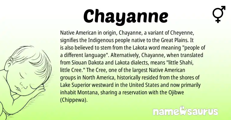 Infographic about Chayanne name meaning, Chayanne is a name from Chippewa, Dakota, United States, Native American, Cree, Ojibwe, Cheyenne, Lakota origin(s).