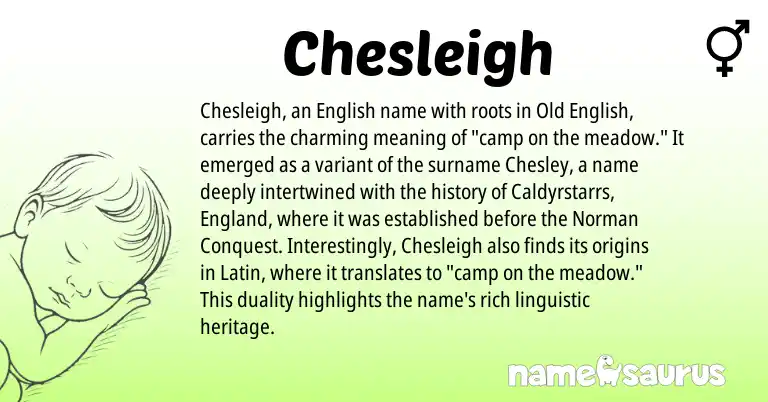 Infographic about Chesleigh name meaning, Chesleigh is a name from English, England, Latin, Old English, Norman origin(s).