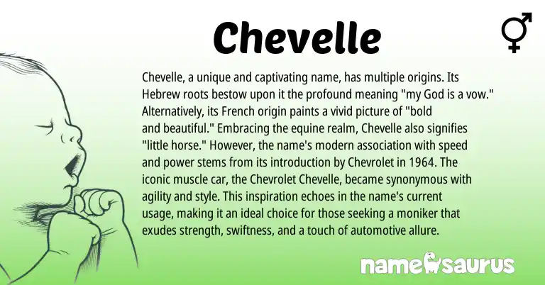 Infographic about Chevelle name meaning, Chevelle is a name from French, Hebrew origin(s).