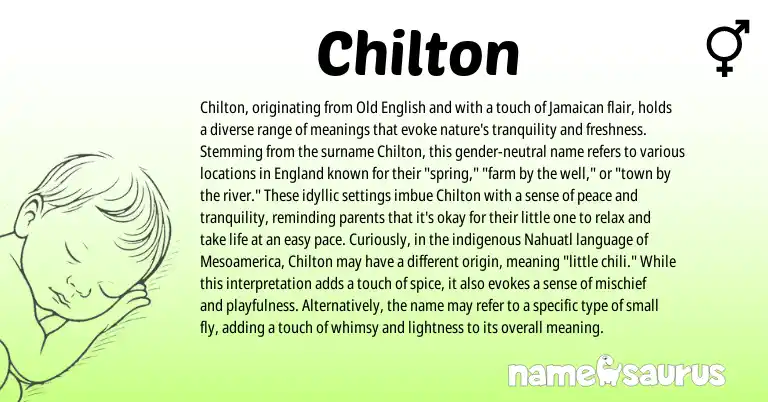 Infographic about Chilton name meaning, Chilton is a name from Nahuatl, Old English, Jamaican, England origin(s).