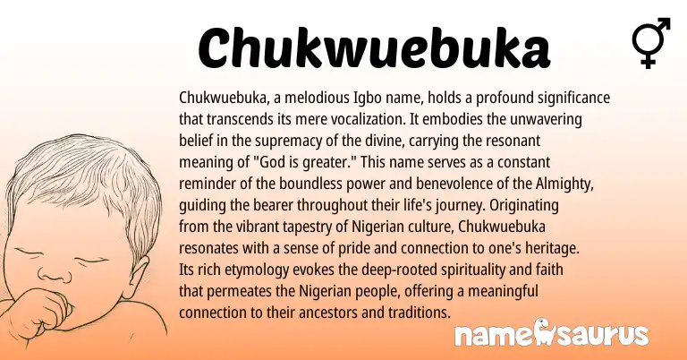 Infographic about Chukwuebuka name meaning, Chukwuebuka is a name from Nigerian, Igbo origin(s).