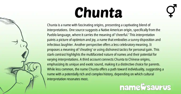 Infographic about Chunta name meaning, Chunta is a name from Native American, American, Chinese origin(s).