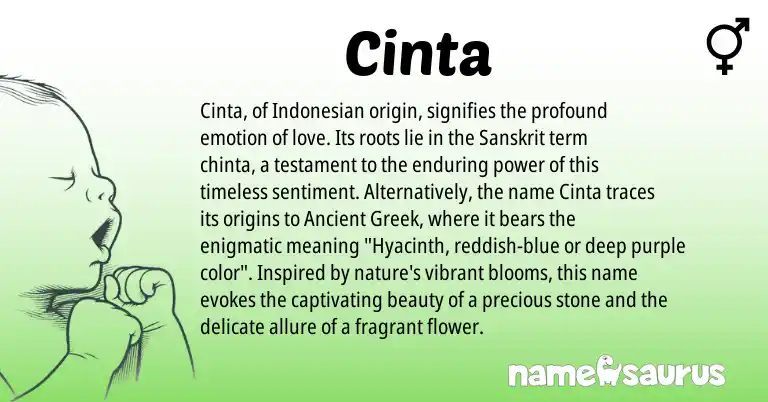 Infographic about Cinta name meaning, Cinta is a name from Indonesian, Sanskrit, Ancient Greek origin(s).
