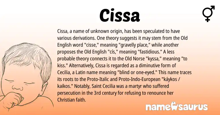Infographic about Cissa name meaning, Cissa is a name from Old English, Latin, Old Norse, European origin(s).