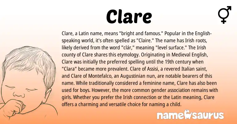 Infographic about Clare name meaning, Clare is a name from Irish, English, Medieval English, Latin, Italian origin(s).