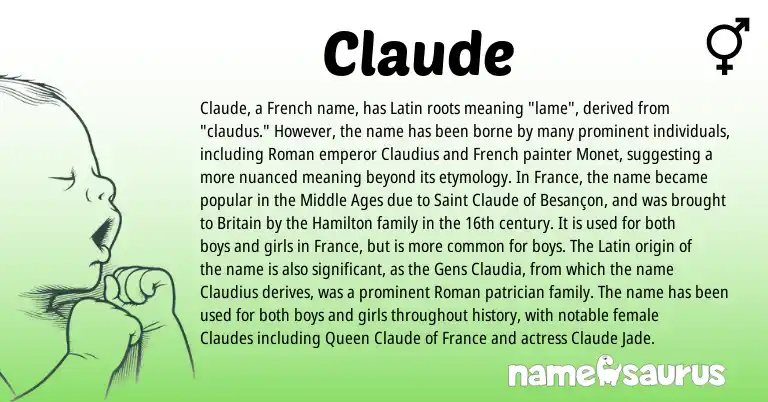 Infographic about Claude name meaning, Claude is a name from Roman, French, Latin origin(s).