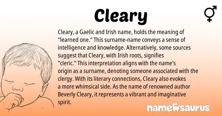 Infographic about Cleary name meaning, Cleary is a name from Irish, Gaelic origin(s).