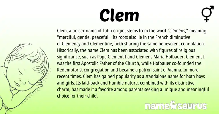 Infographic about Clem name meaning, Clem is a name from French, Latin origin(s).