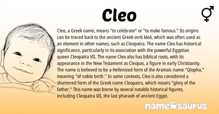 Infographic about Cleo name meaning, Cleo is a name from Egyptian, Aramaic, Christianity, Greek origin(s).