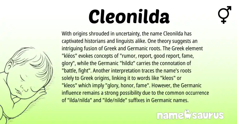 Infographic about Cleonilda name meaning, Cleonilda is a name from Germanic, Greek origin(s).