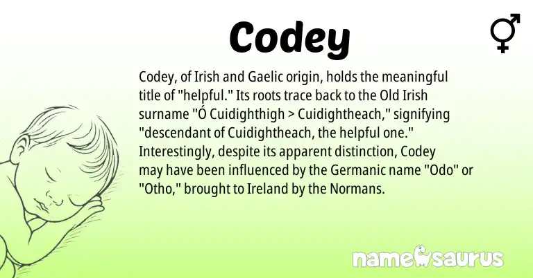 Infographic about Codey name meaning, Codey is a name from Irish, Ireland, Gaelic, Germanic, Old Irish origin(s).