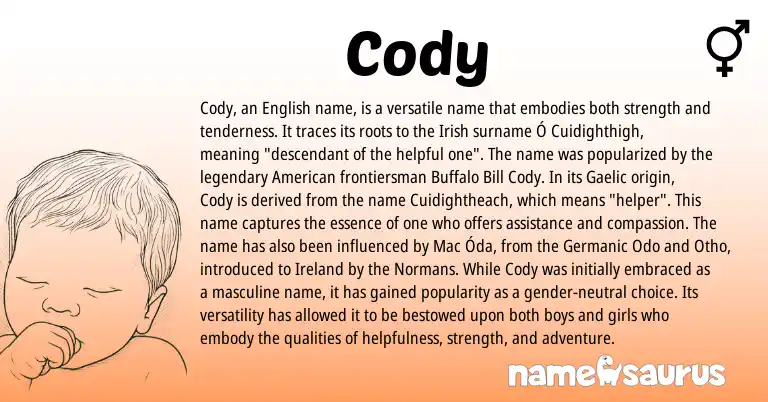 Infographic about Cody name meaning, Cody is a name from Irish, English, Ireland, Gaelic, Germanic, American origin(s).