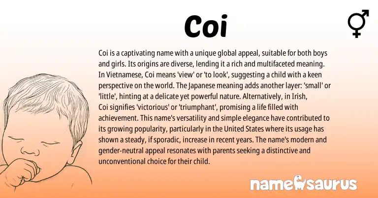Infographic about Coi name meaning, Coi is a name from Japanese, Vietnamese, Irish origin(s).