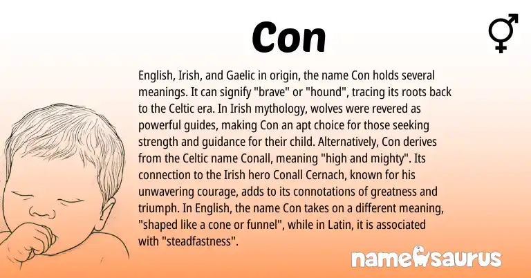 Infographic about Con name meaning, Con is a name from Irish, English, Gaelic, Latin, Celtic origin(s).