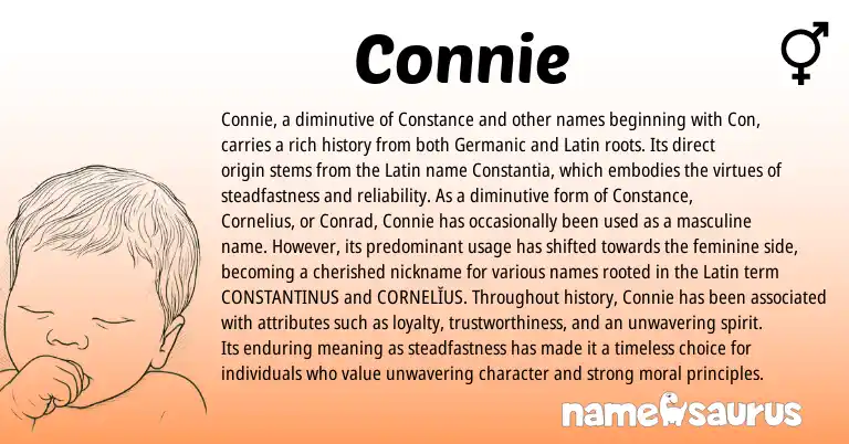 Infographic about Connie name meaning, Connie is a name from Germanic, Latin origin(s).