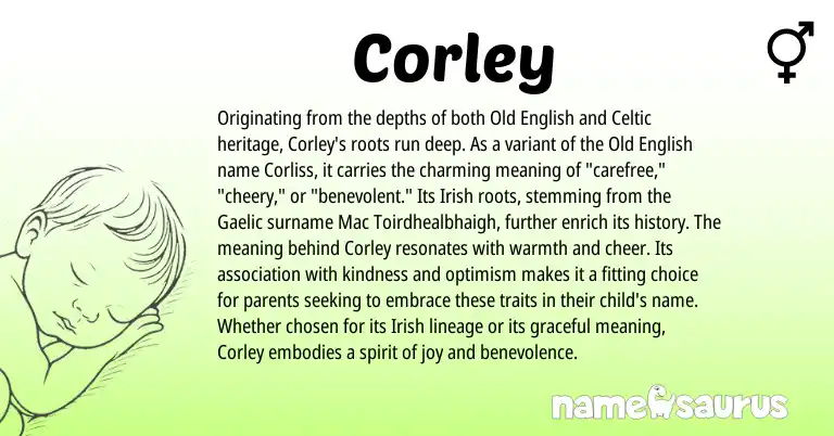 Infographic about Corley name meaning, Corley is a name from Irish, Old English, Gaelic, Celtic origin(s).