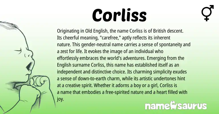 Infographic about Corliss name meaning, Corliss is a name from Old English, English, British origin(s).
