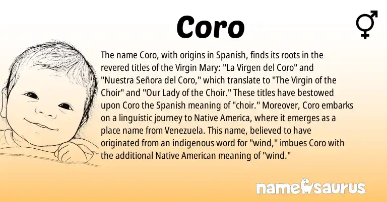 Infographic about Coro name meaning, Coro is a name from Native American, Spanish origin(s).