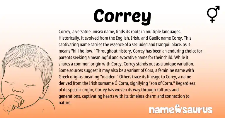 Infographic about Correy name meaning, Correy is a name from Irish, English, Gaelic, Greek origin(s).