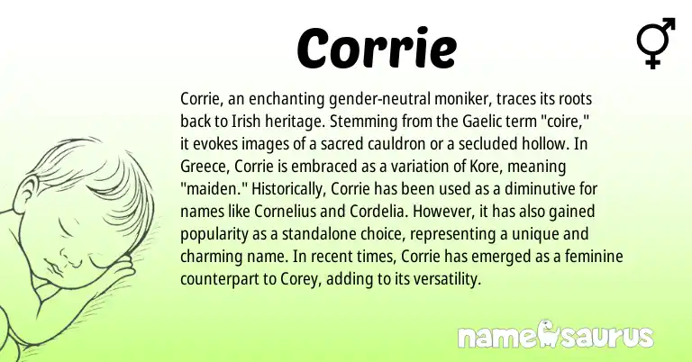 Infographic about Corrie name meaning, Corrie is a name from Irish, Gaelic, Greece origin(s).