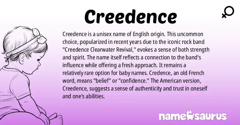 Infographic about Creedence name meaning, Creedence is a name from English (American) origin(s).