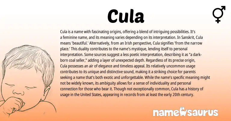 Infographic about Cula name meaning, Cula is a name from English, Sanskrit, Irish origin(s).