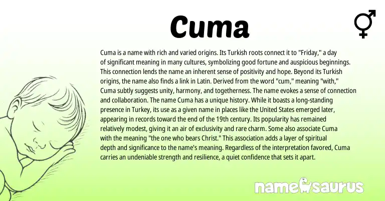 Infographic about Cuma name meaning, Cuma is a name from Australian, Latin, Turkish origin(s).