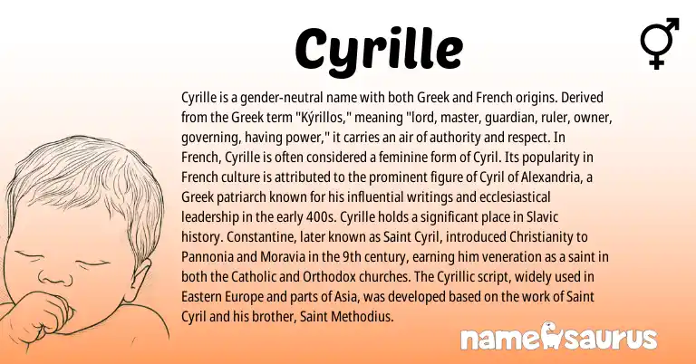 Infographic about Cyrille name meaning, Cyrille is a name from Slavic, French, Christianity, Greek origin(s).
