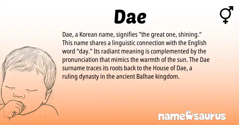 Infographic about Dae name meaning, Dae is a name from Korean, English origin(s).